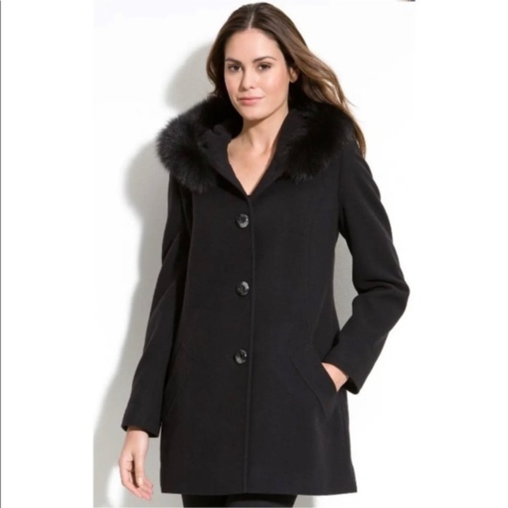 SACHI Genuine Fox Fur Trim Hooded Wool Blend Coat